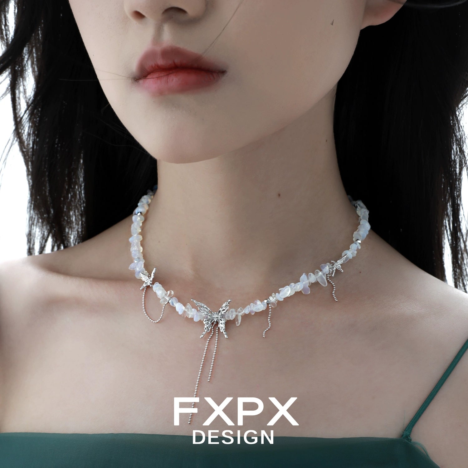 Stylish butterfly beaded necklace from FXPX featuring delicate beading and a butterfly charm