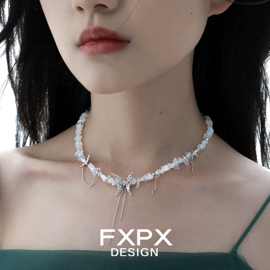 Stylish butterfly beaded necklace from FXPX featuring delicate beading and a butterfly charm