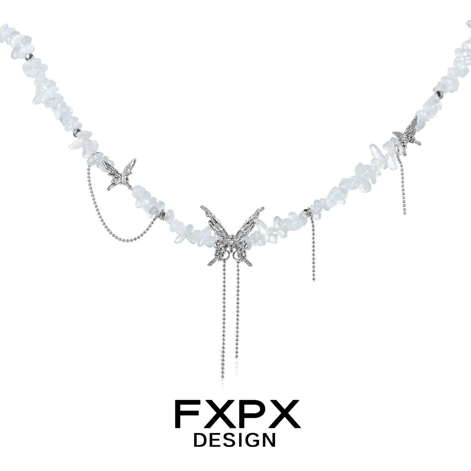 Elegant butterfly beaded necklace by FXPX featuring crystals and silver butterfly pendants