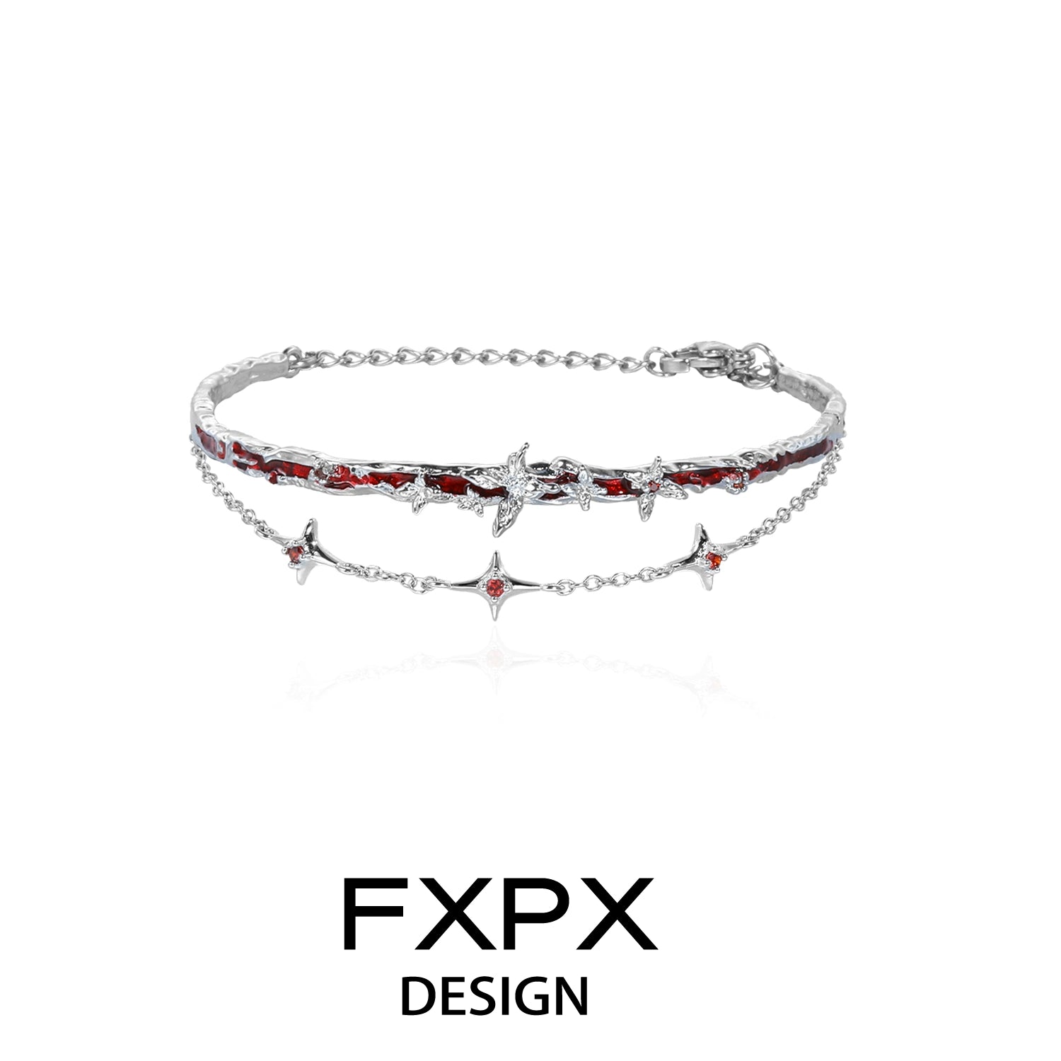 FXPX butterfly double layer bracelet featuring intricate silver design with red accents for stylish layering
