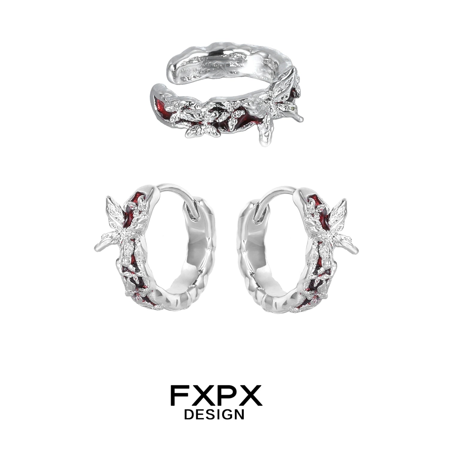 FXPX silver butterfly ear cuffs with intricate design featuring red accents for a stylish look