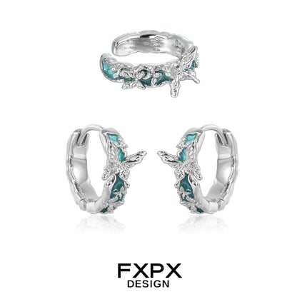 FXPX Butterfly Ear Cuffs in Silver and Turquoise with Detailed Butterfly Designs