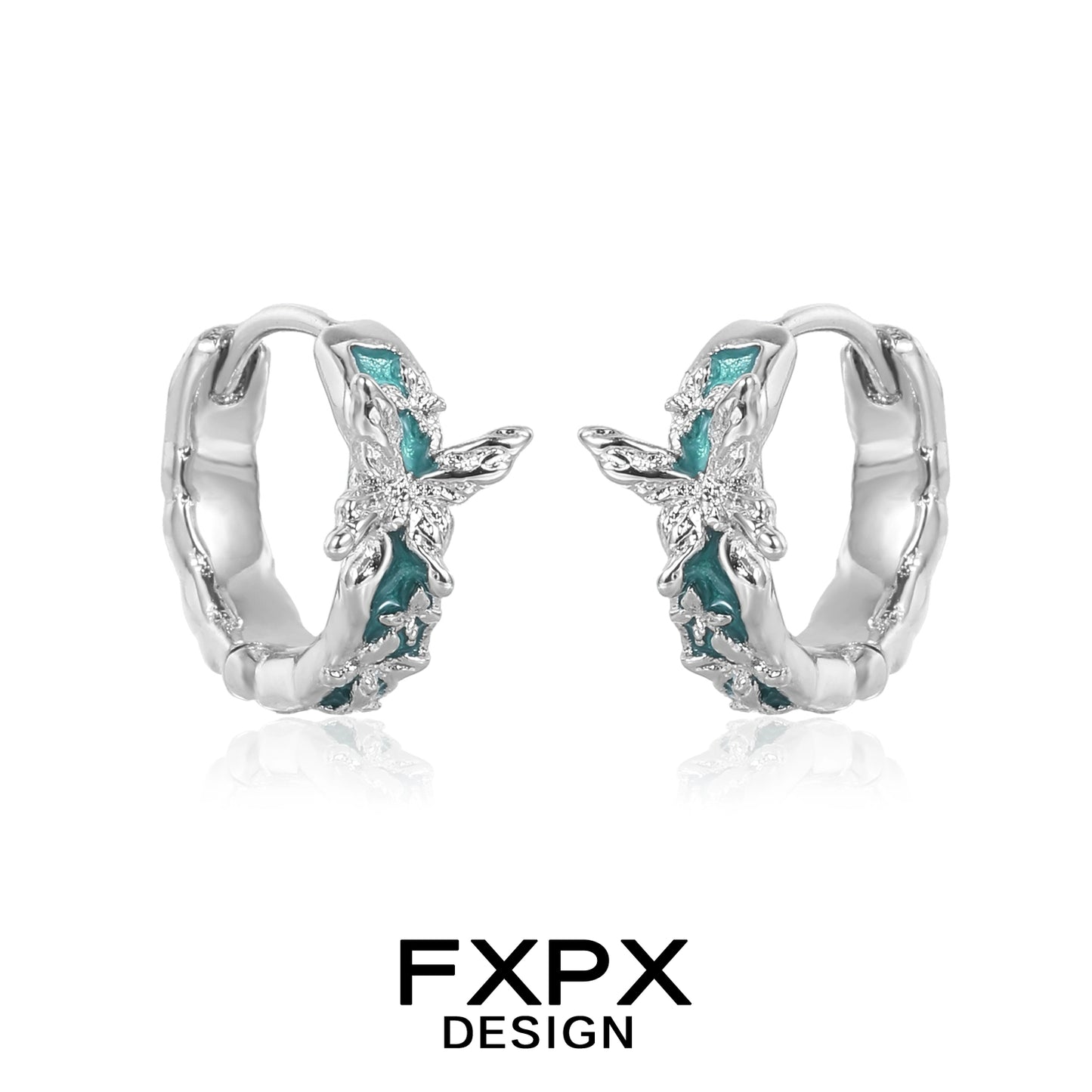 FXPX butterfly hoop earrings with intricate design and turquoise accents for a stylish look