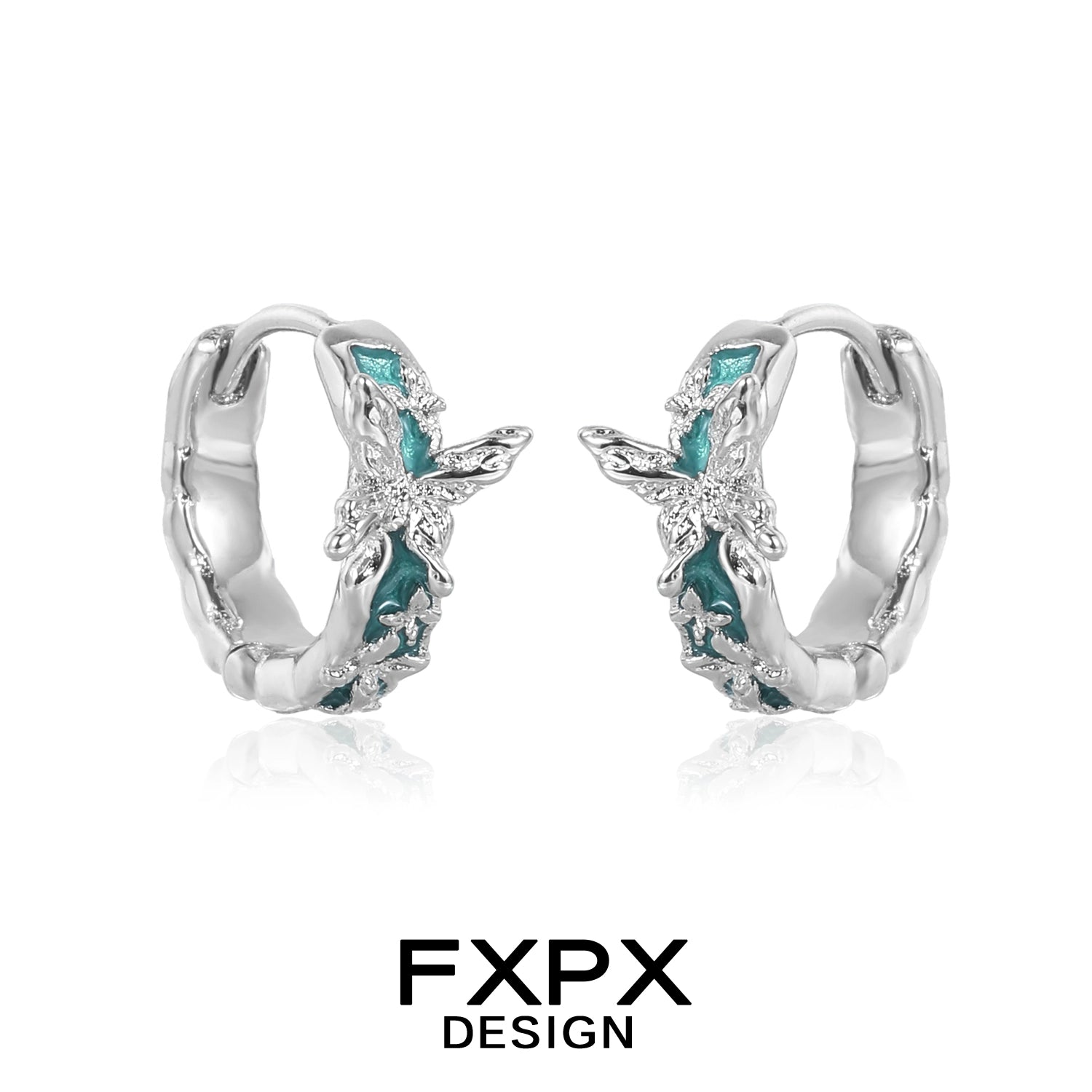 FXPX butterfly hoop earrings with intricate design and turquoise accents for a stylish look