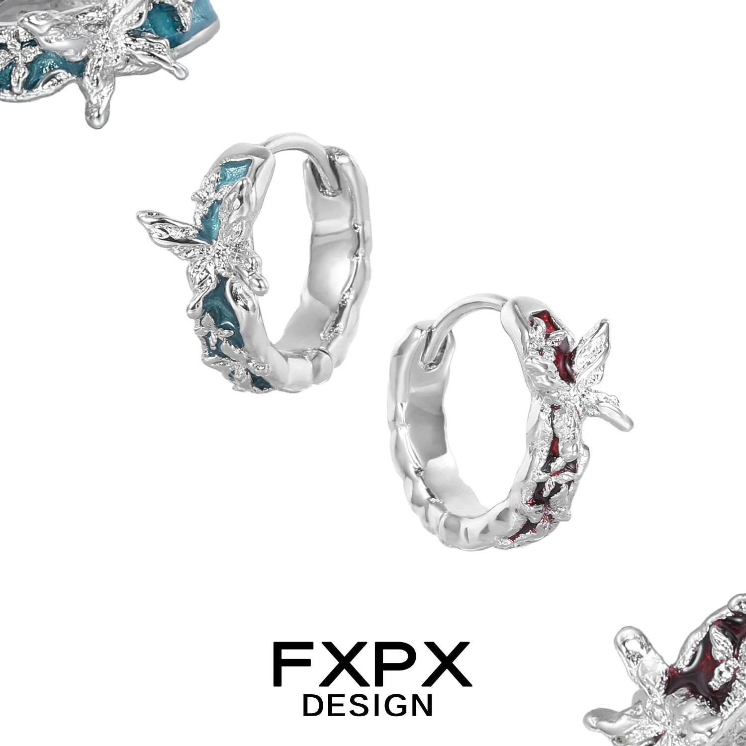 Elegant FXPX butterfly hoop earrings featuring intricate design and vibrant colors