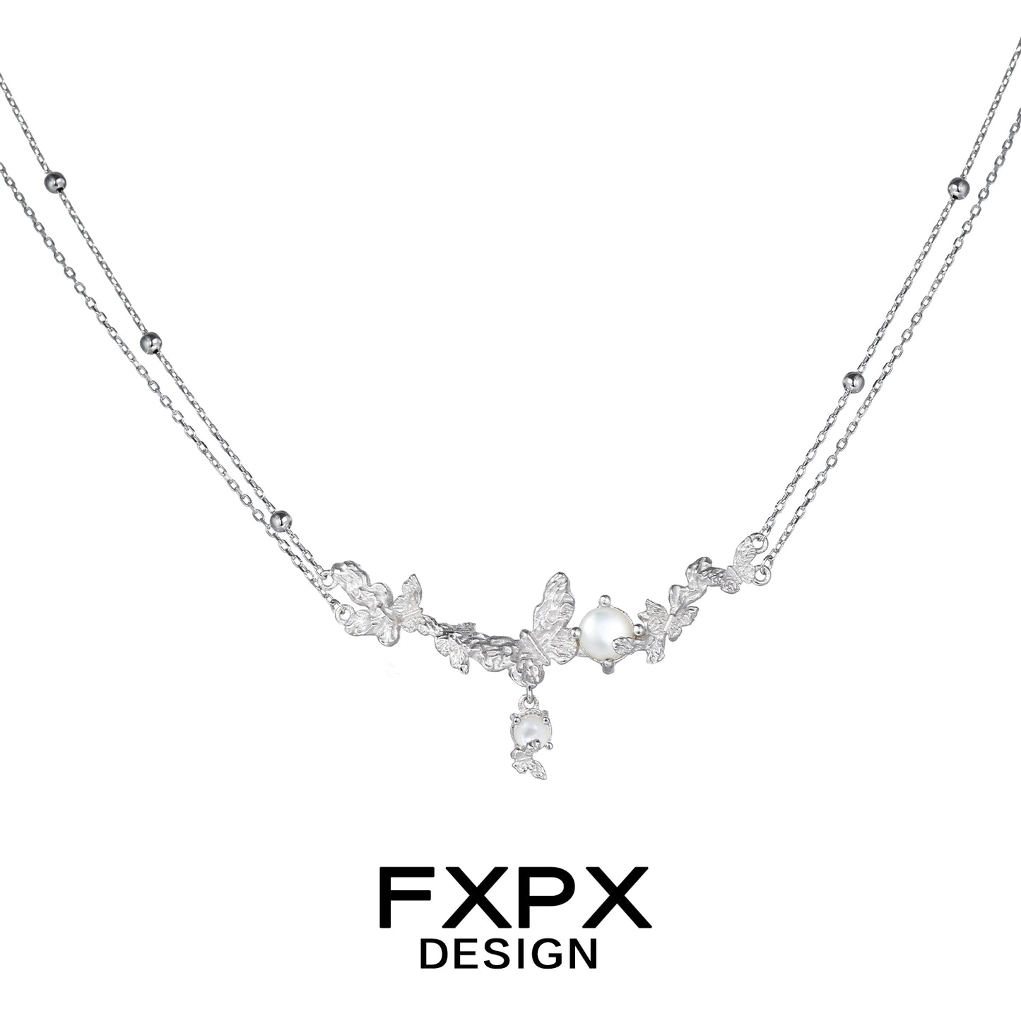 Elegant FXPX butterfly necklace for women featuring intricate butterfly designs and a pearl accent