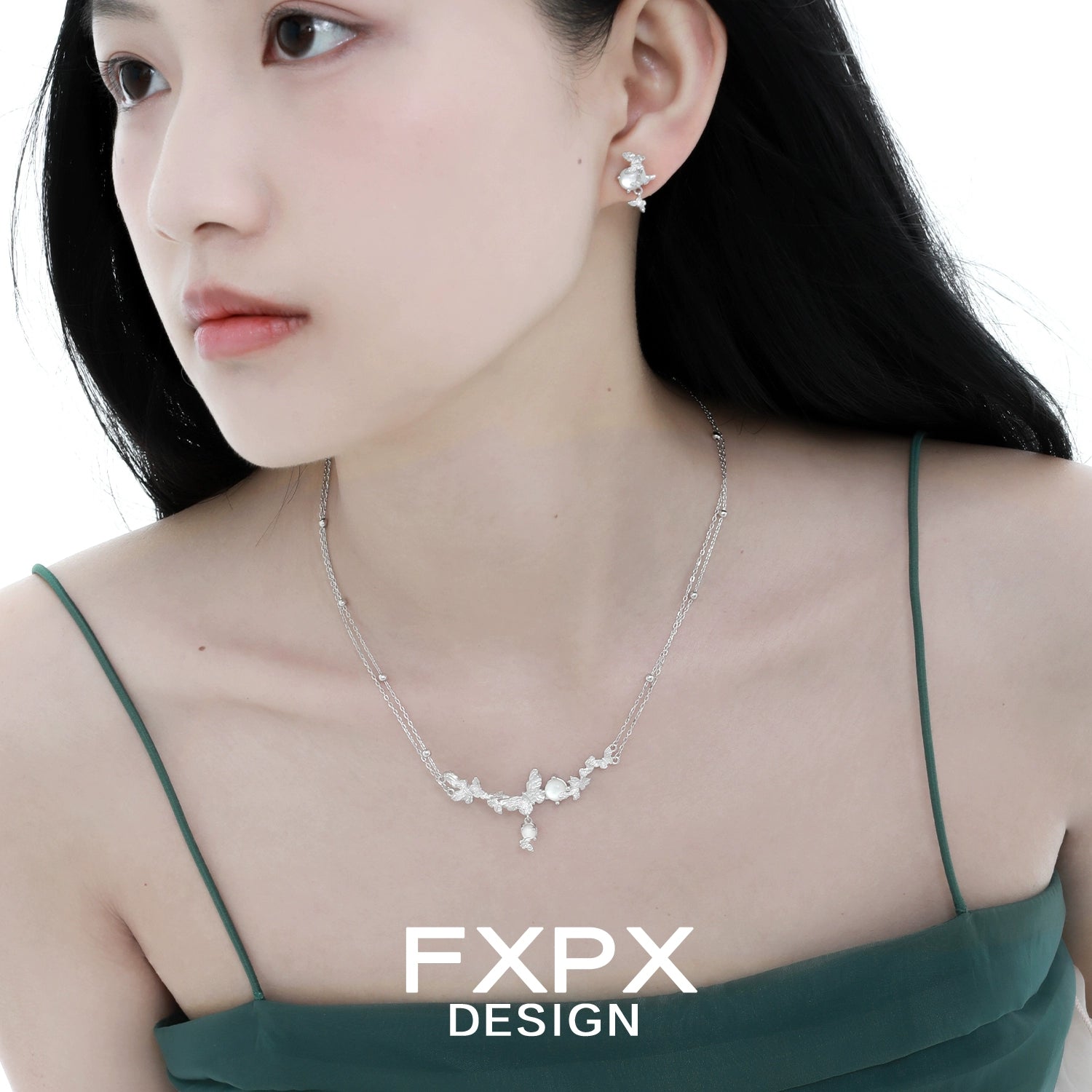 Elegant FXPX butterfly necklace for women with delicate silver detailing and matching earrings