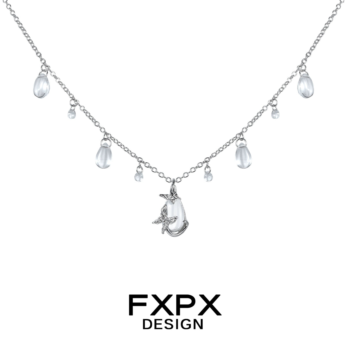 FXPX butterfly water drop silver necklace with cascading clear gemstones for elegant style