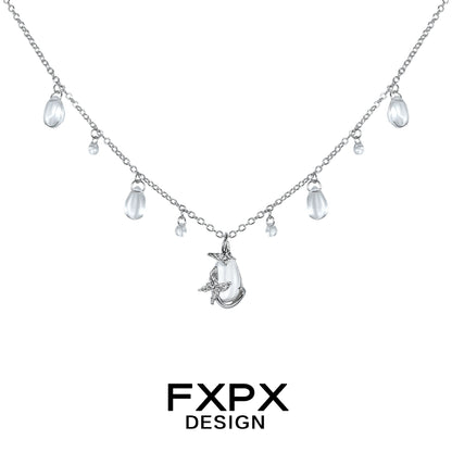 FXPX butterfly water drop silver necklace with cascading clear gemstones for elegant style