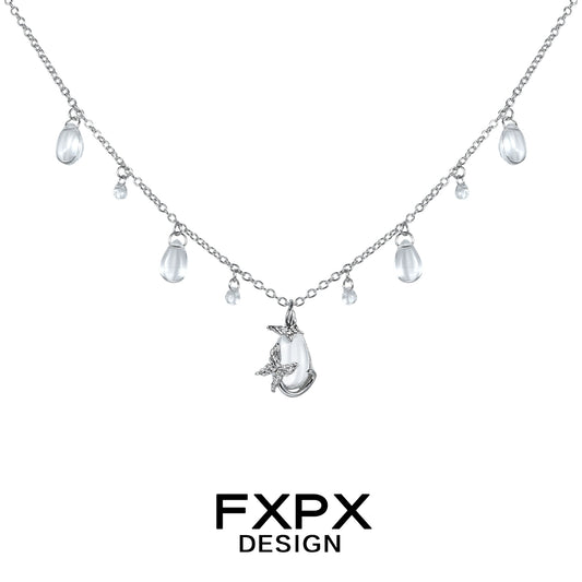 FXPX butterfly water drop silver necklace with cascading clear gemstones for elegant style