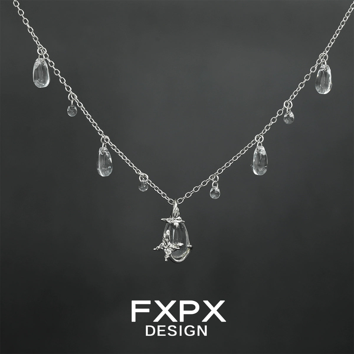 Butterfly water drop silver necklace with sparkling crystal drops for elegant style