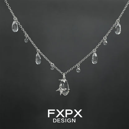 Butterfly water drop silver necklace with sparkling crystal drops for elegant style