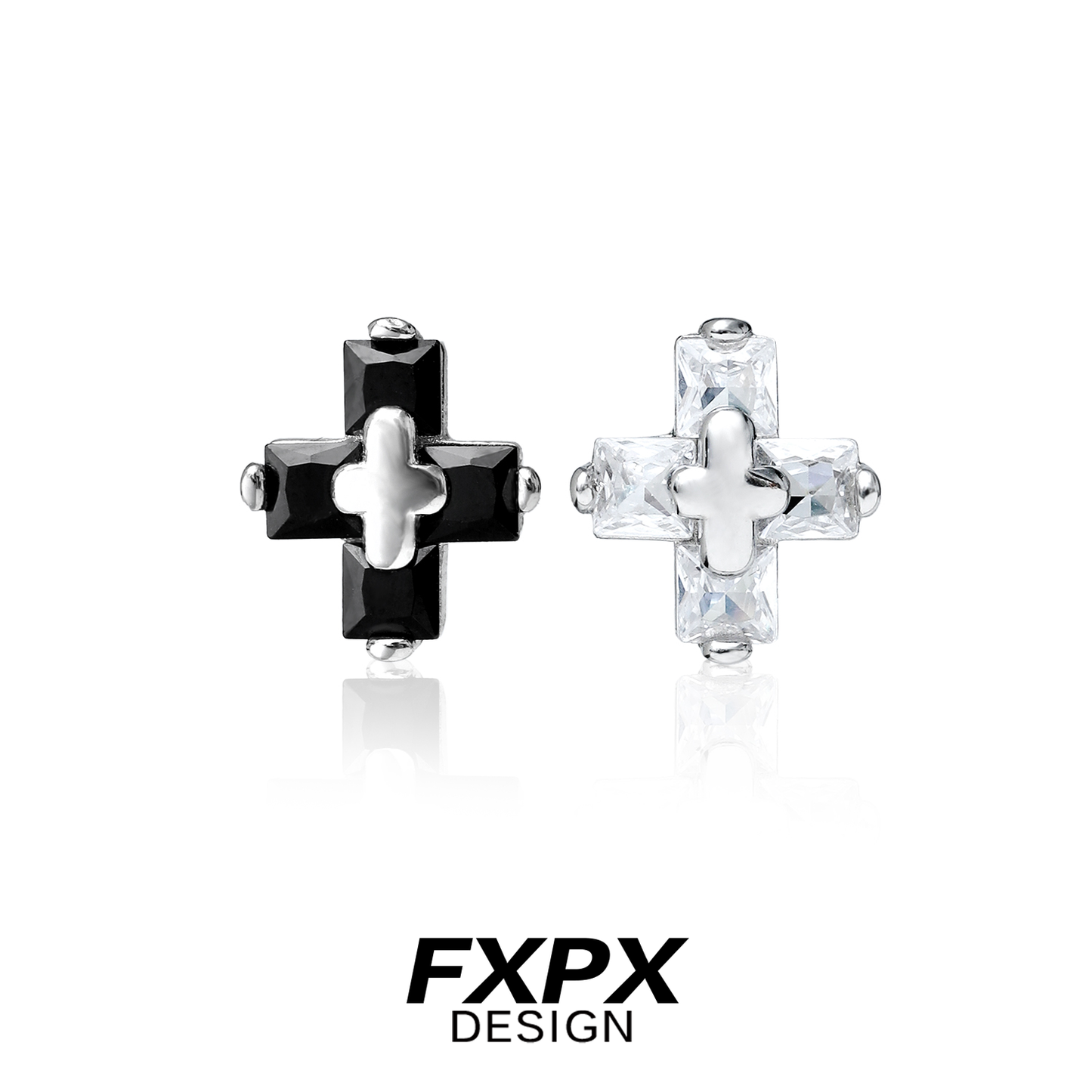 FXPX couple earrings for gothic style featuring black and clear cross designs