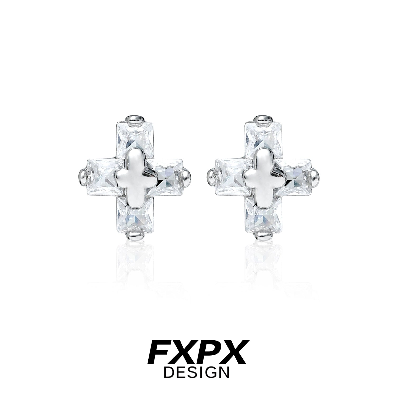 FXPX couple earrings for gothic style featuring sparkling cross design and silver setting
