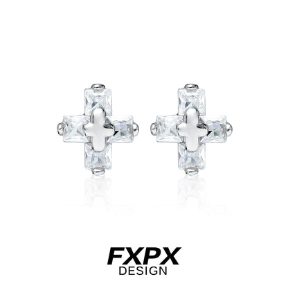 FXPX couple earrings for gothic style featuring sparkling cross design and silver setting
