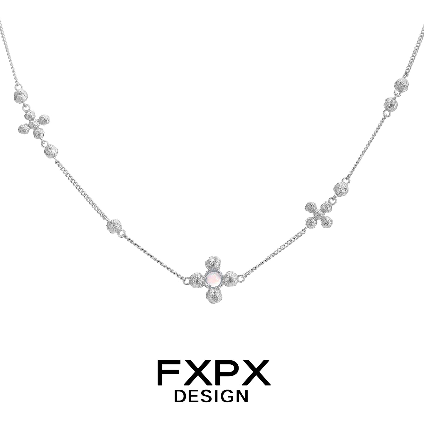 Stylish FXPX cross necklace for women with sparkling embellishments in silver tone