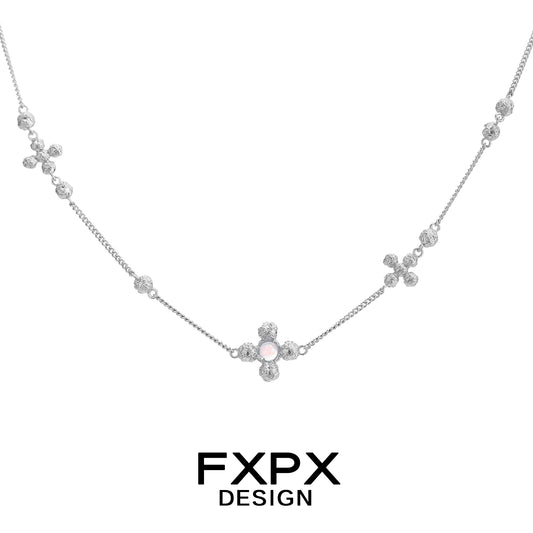 Stylish FXPX cross necklace for women with sparkling embellishments in silver tone