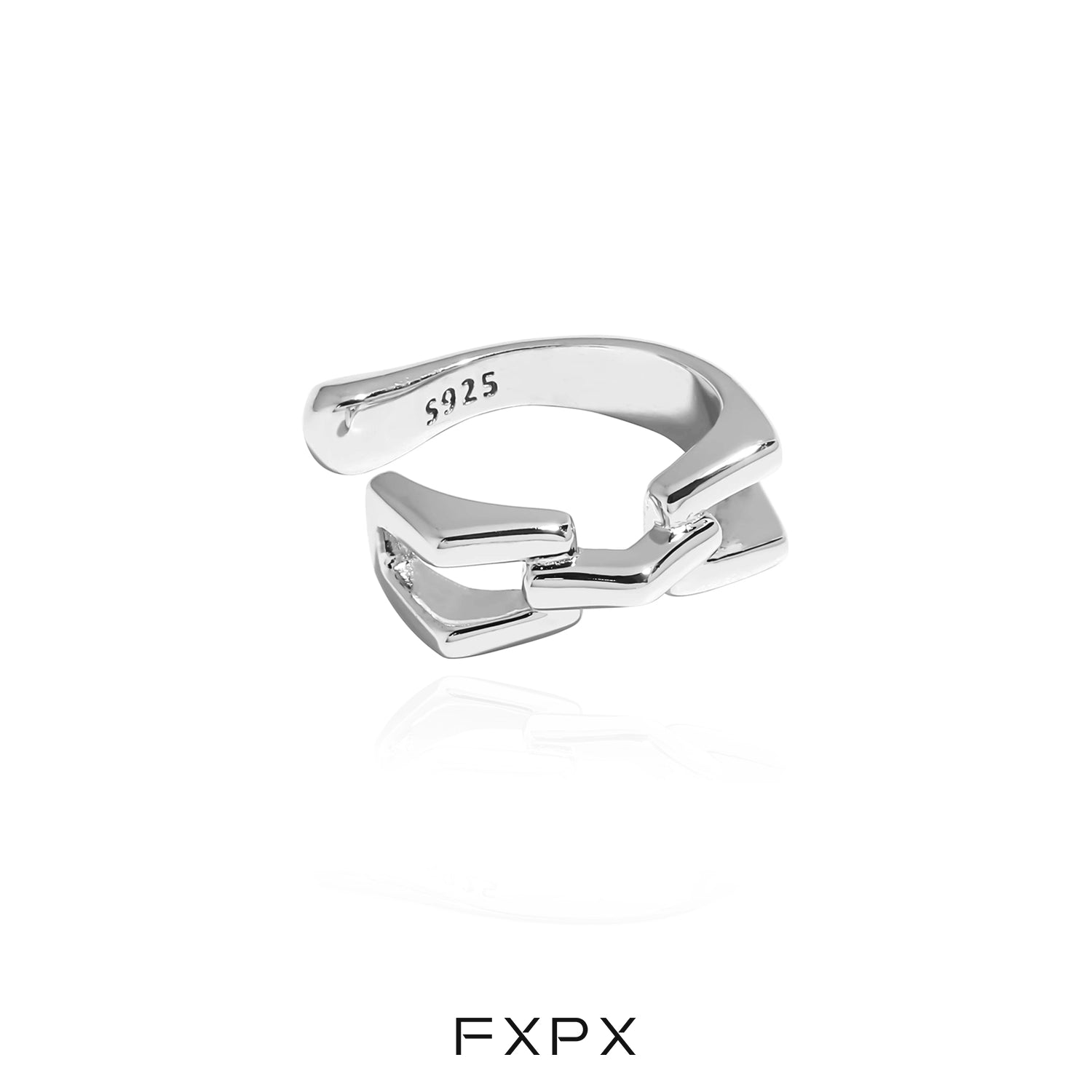 FXPX cyber mech silver earrings featuring a unique chain link design in polished sterling silver
