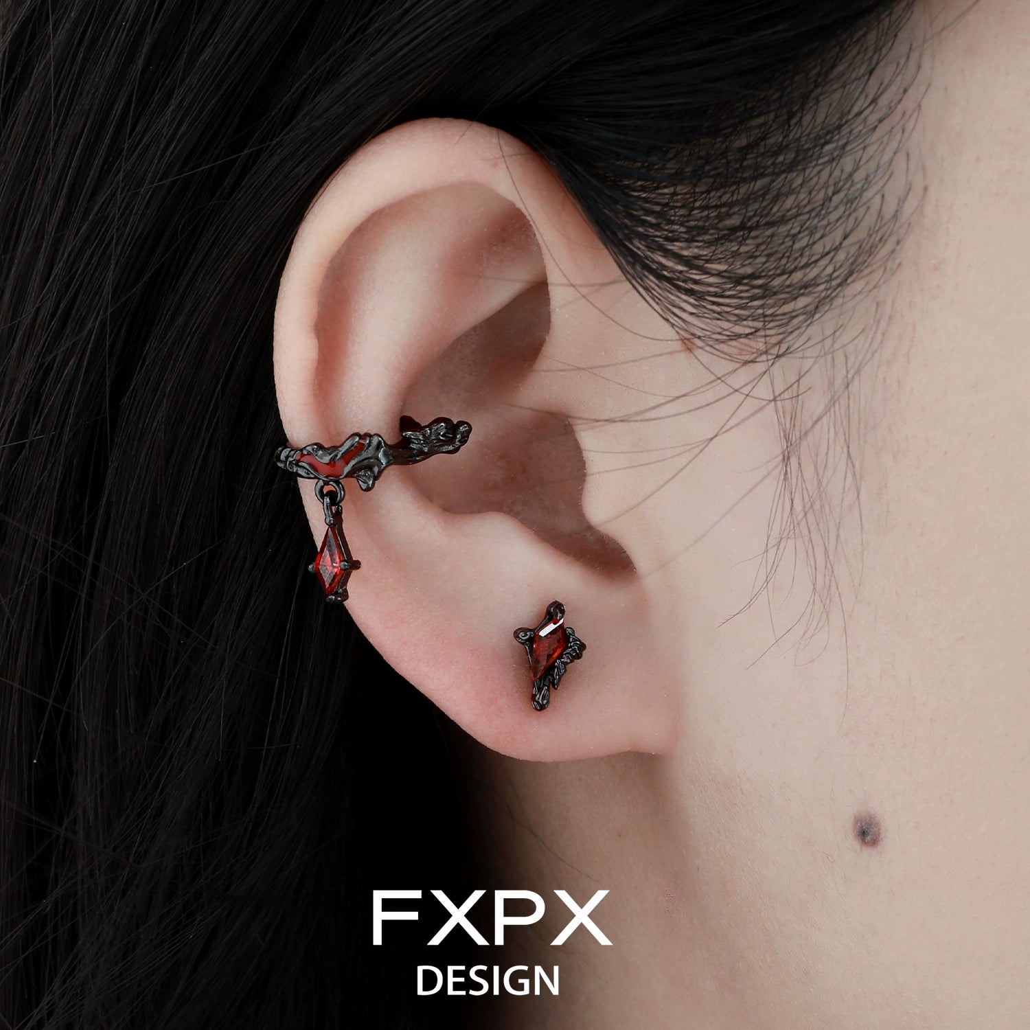 FXPX dark devil heart earrings in black and red metal design, perfect for edgy fashion enthusiasts