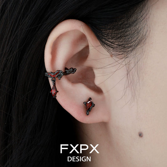 FXPX dark devil heart earrings in black and red metal design, perfect for edgy fashion enthusiasts
