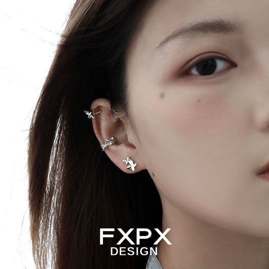 Mirror butterfly silver earrings from FXPX showcasing elegant butterfly design on model's ear