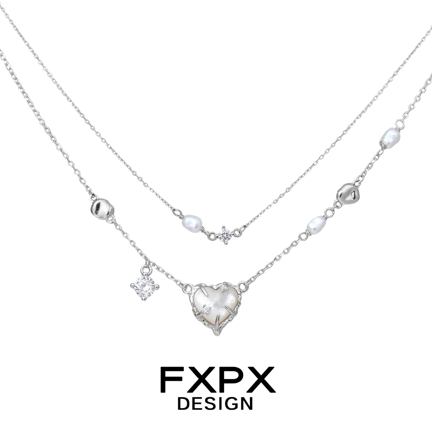 FXPX double layer silver love necklace featuring a heart charm and embellished pearls