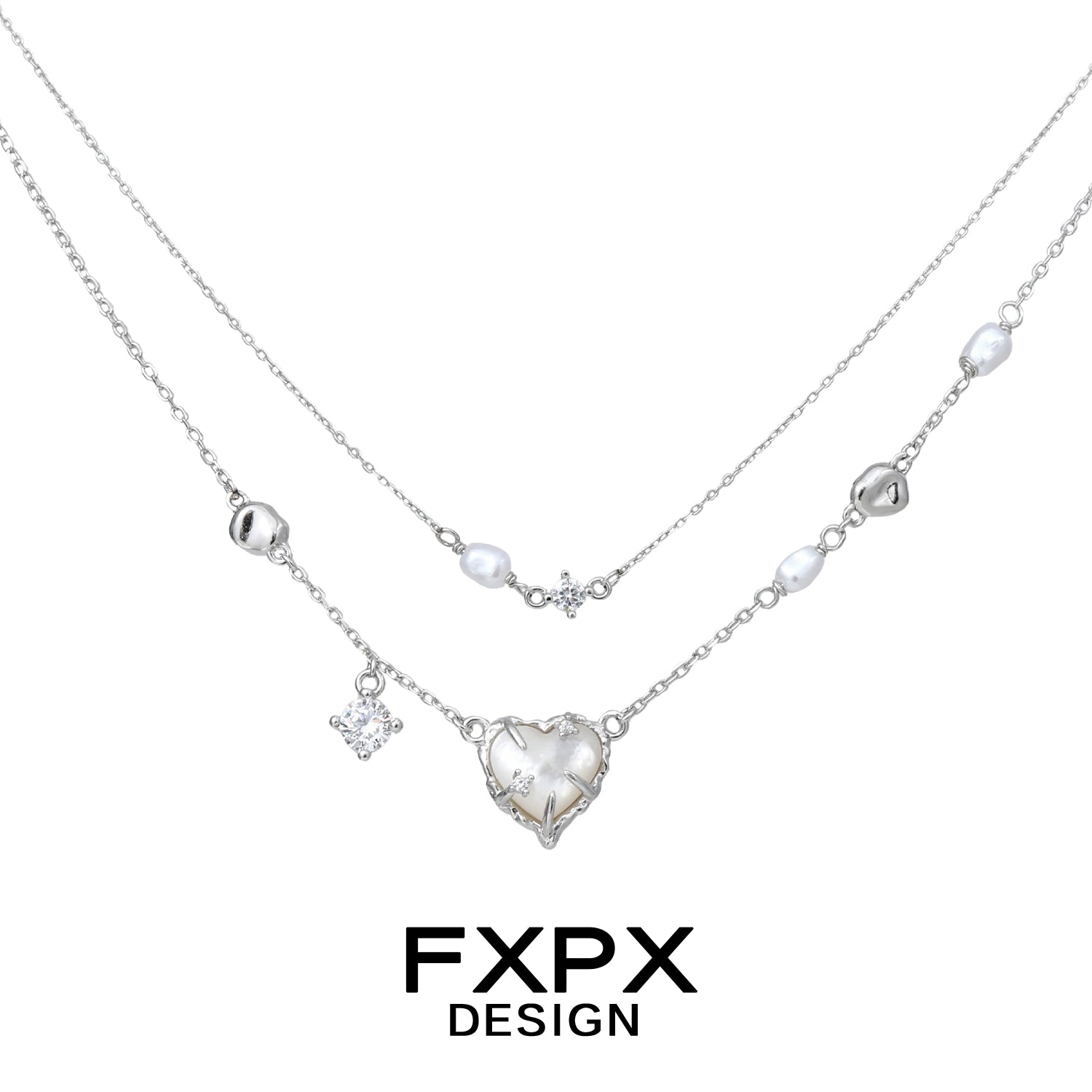 FXPX double layer silver love necklace featuring a heart charm and embellished pearls
