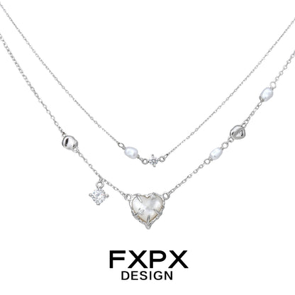 FXPX double layer silver love necklace featuring a heart charm and embellished pearls