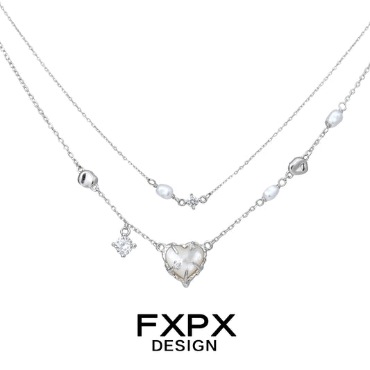 Double layer silver love necklace featuring a heart pendant and decorative beads for elegant styling