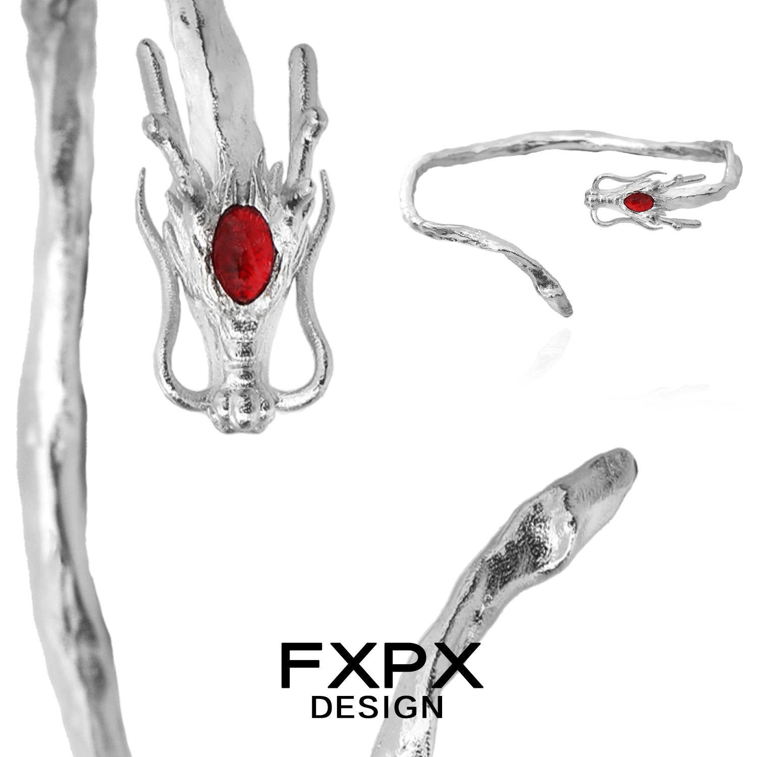 FXPX dragon guardian silver bracelet featuring an ornate dragon design with a red gemstone