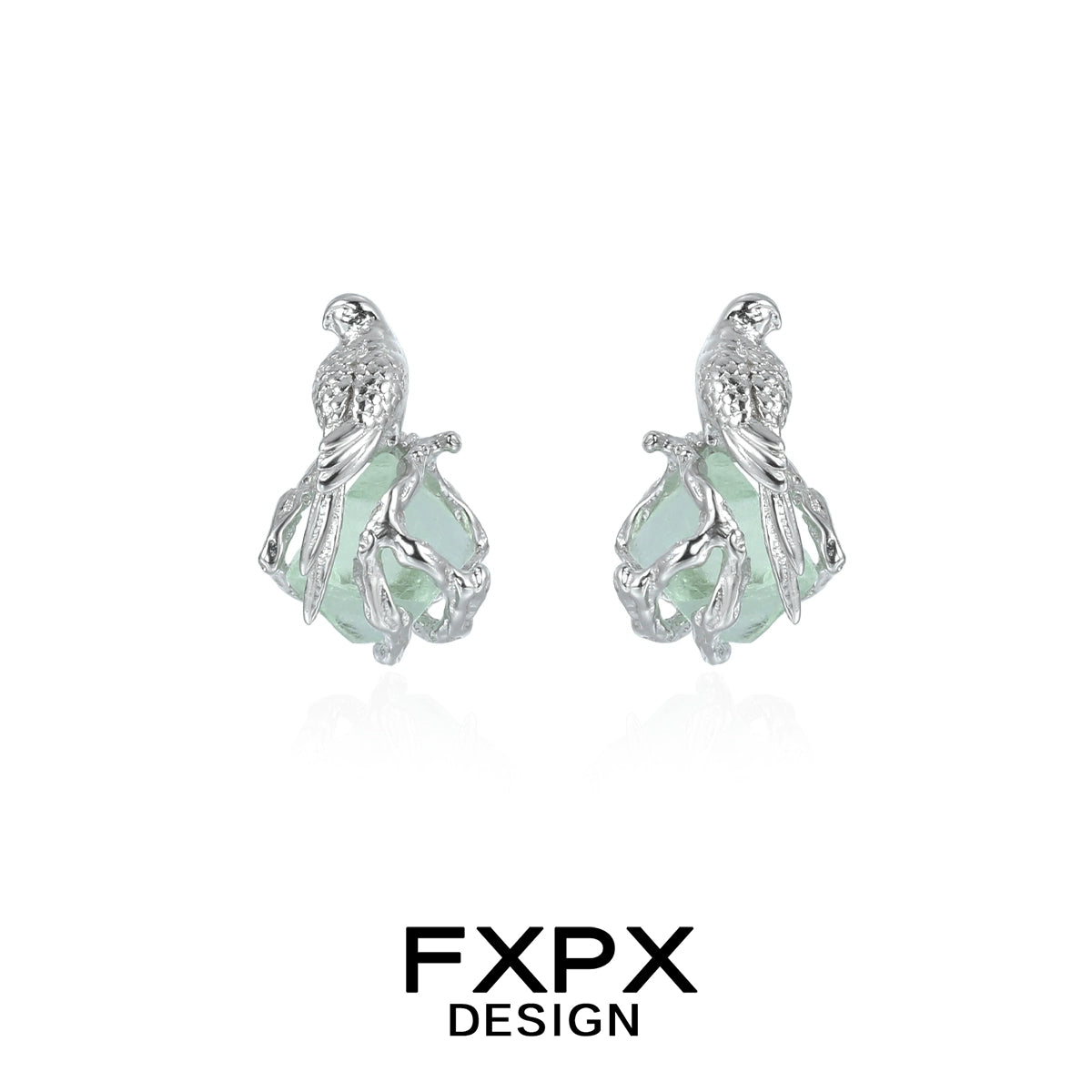Silver FXPX flying bird fluorite earrings with detailed bird design and elegant gemstone setting