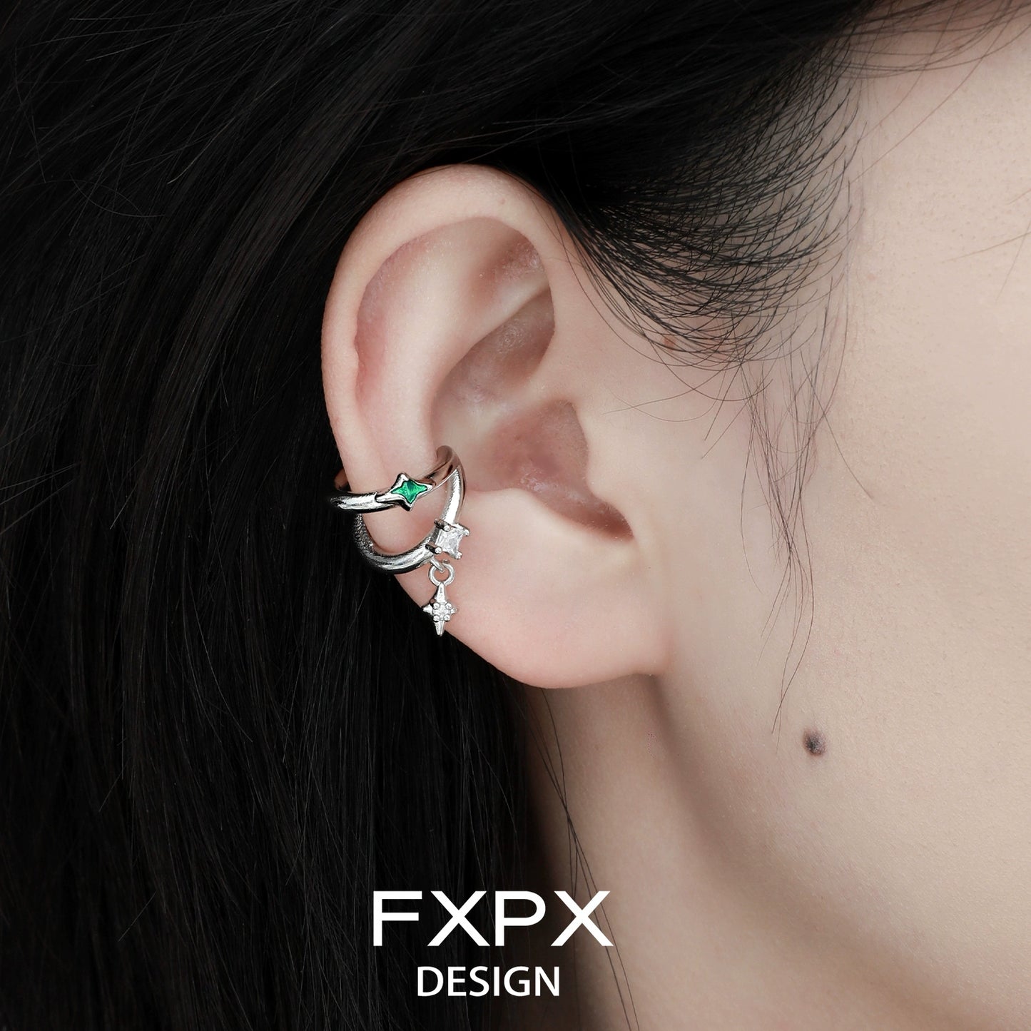 FXPX forest star ear cuff featuring silver design with sparkling gemstones for a stylish look