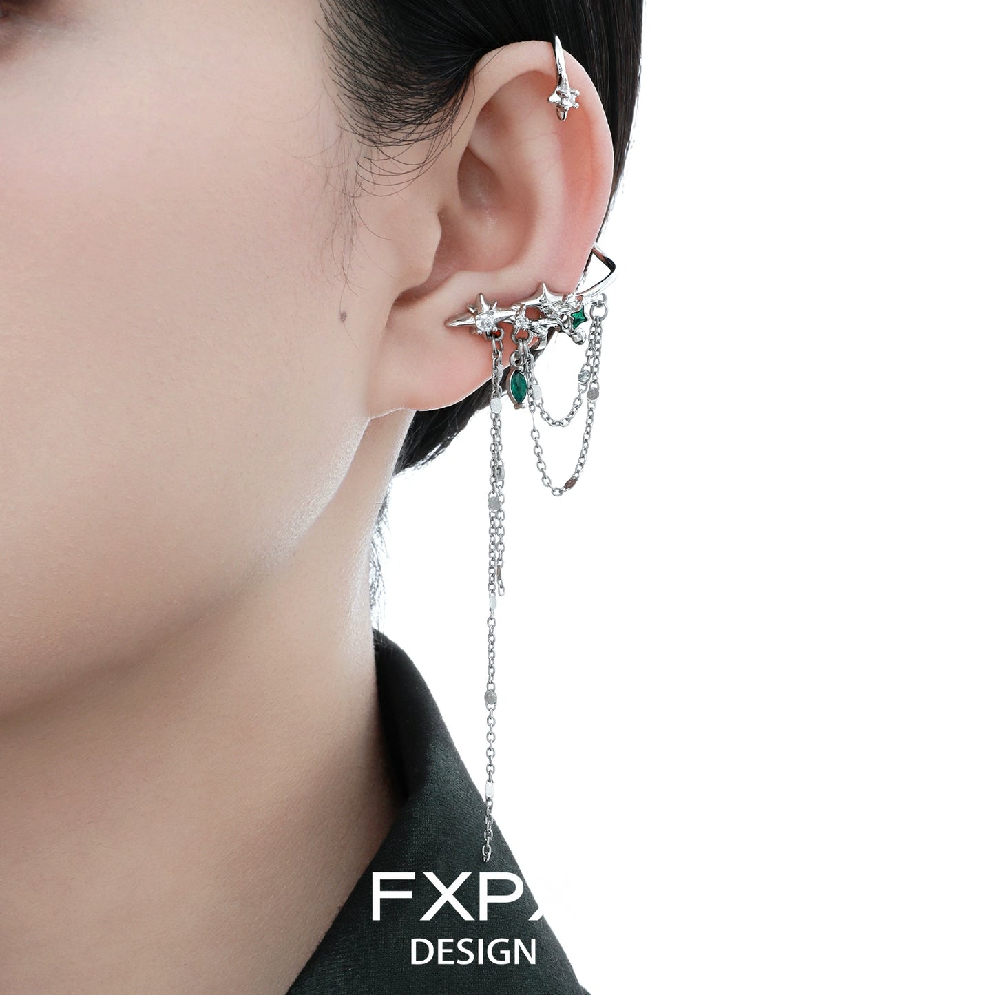 FXPX forest star ear cuff with dangling chains and star design for a unique ear accessory