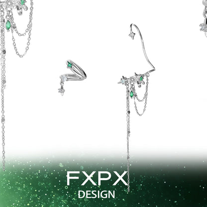 Silver FXPX forest star ear cuff with hanging chains and green gemstone accents for a stylish look