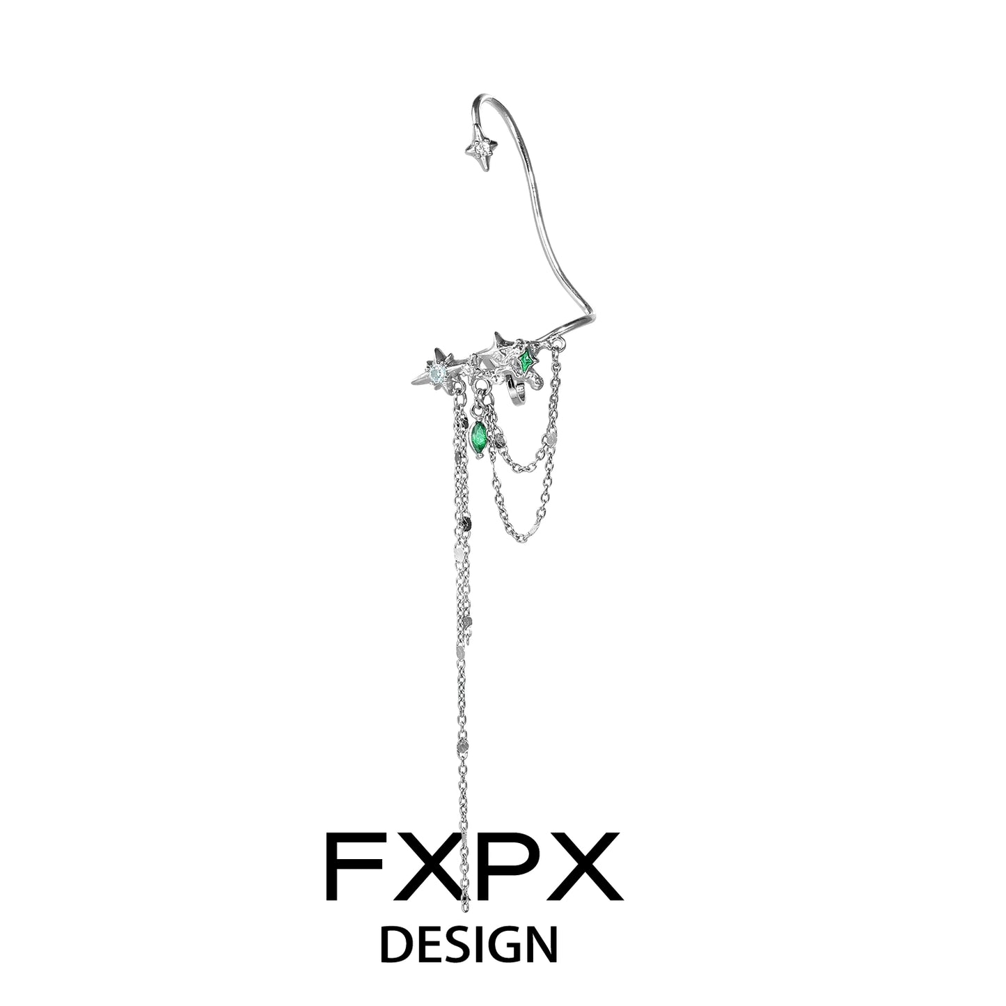 FXPX forest star ear cuff with cascading chains and green gemstone accents for a unique look