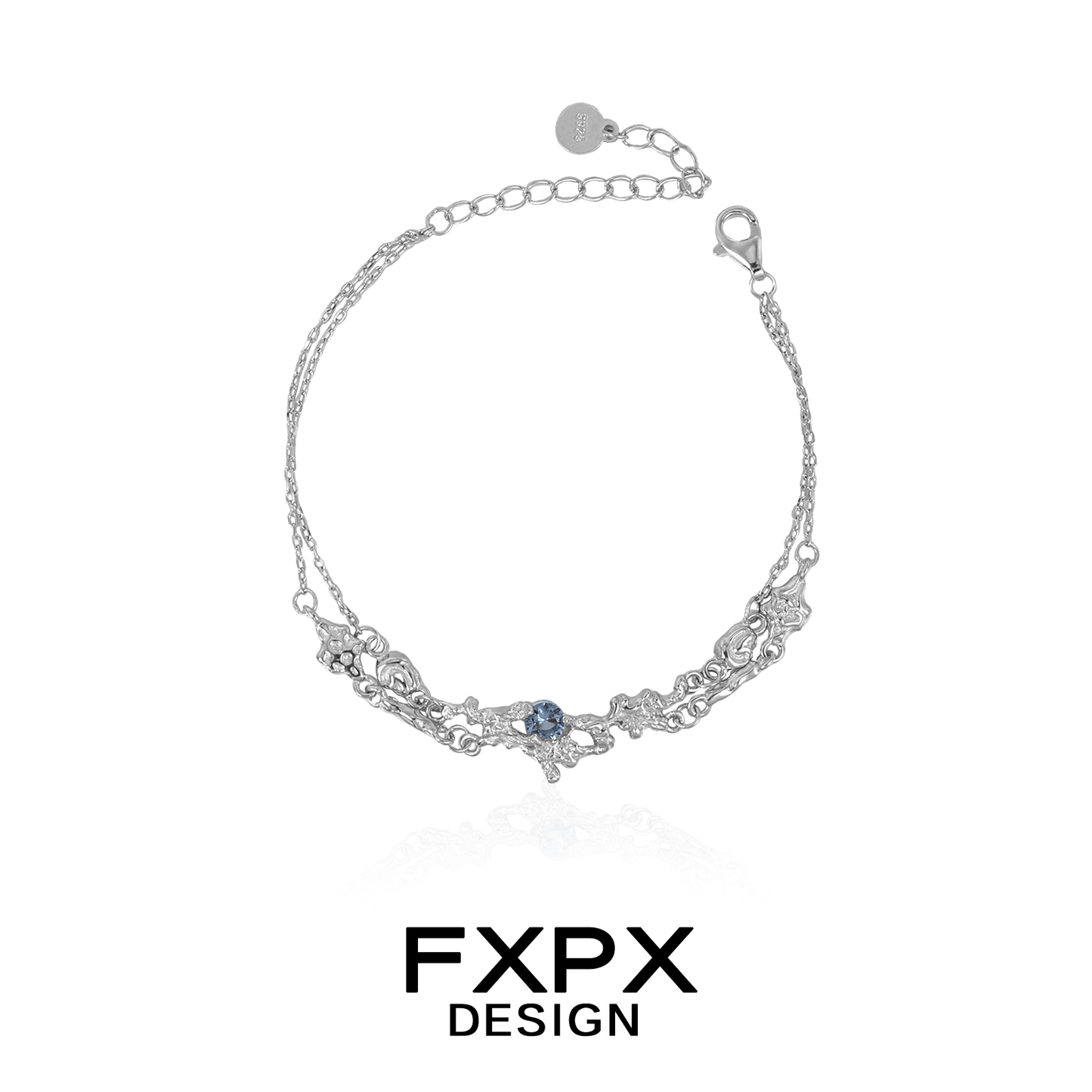 Delicate FXPX frost blue zircon bracelet with intricate silver design and adjustable chain closure