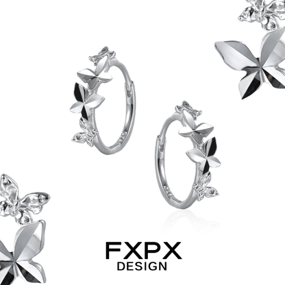 Silver FXPX futuristic butterfly earrings with a stylish floral design for a modern look