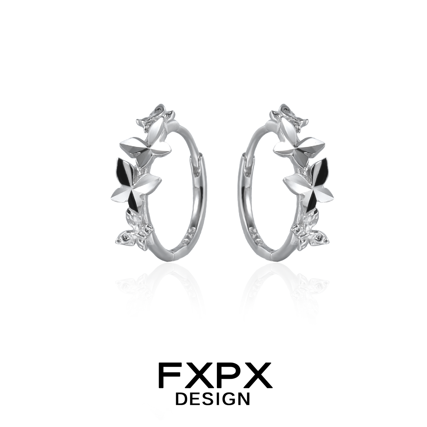 Silver FXPX futuristic butterfly earrings designed with elegant floral details