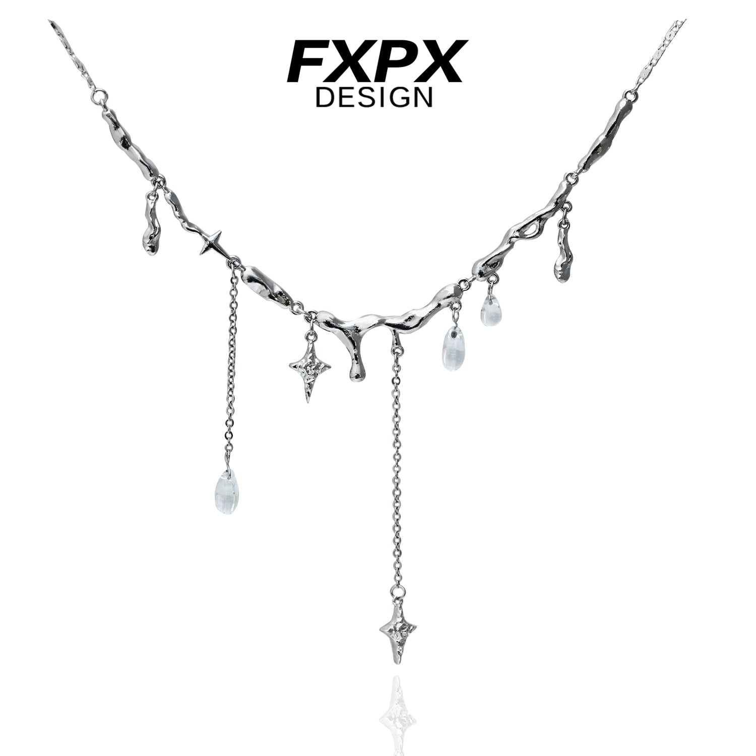 FXPX Galactic Meteor Tassel Necklace with Unique Silver Design and Dazzling Pendants