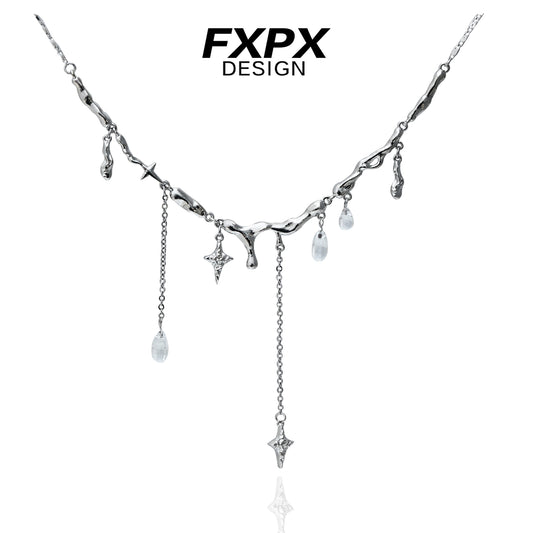 FXPX Galactic Meteor Tassel Necklace with Unique Silver Design and Dazzling Pendants