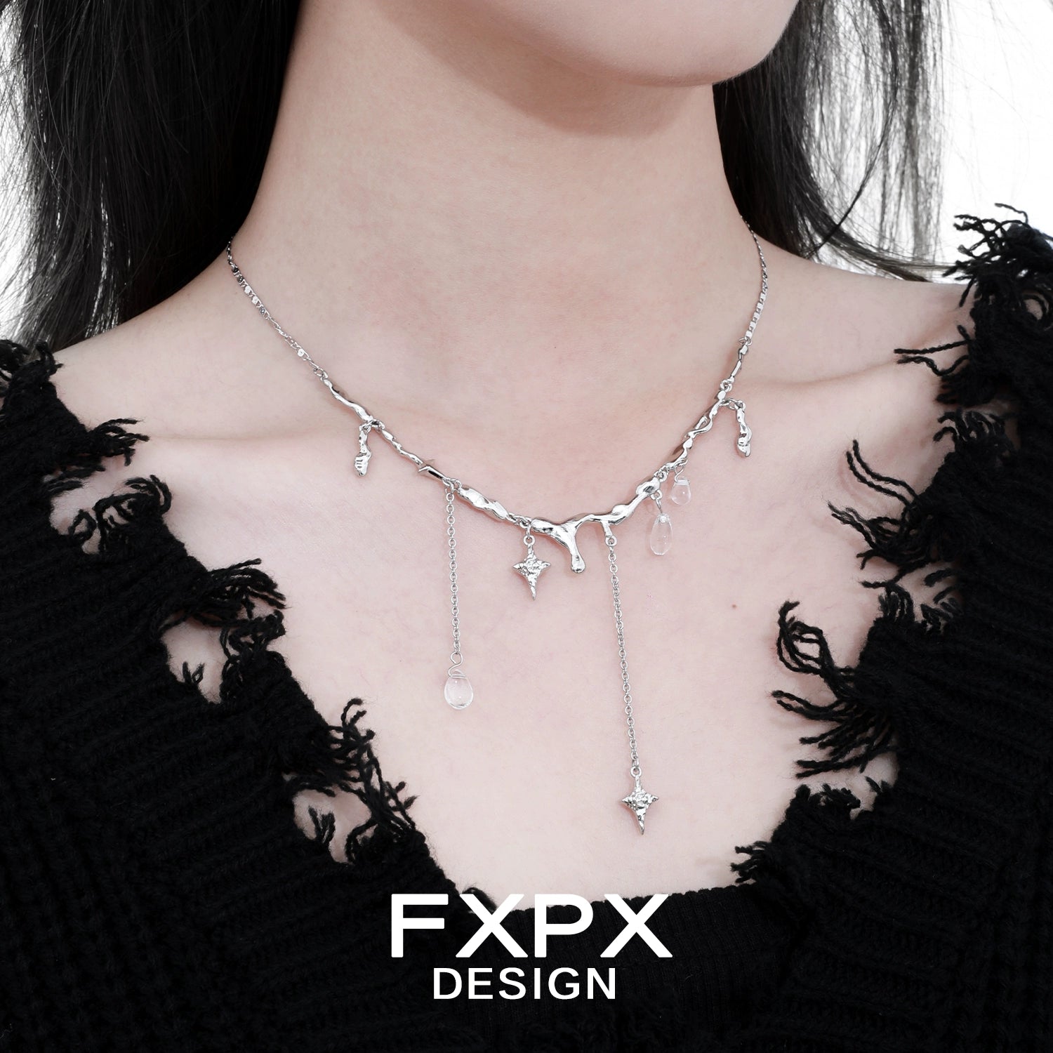 FXPX Galactic Meteor Tassel Necklace in Silver with Unique Design and Dangle Accents