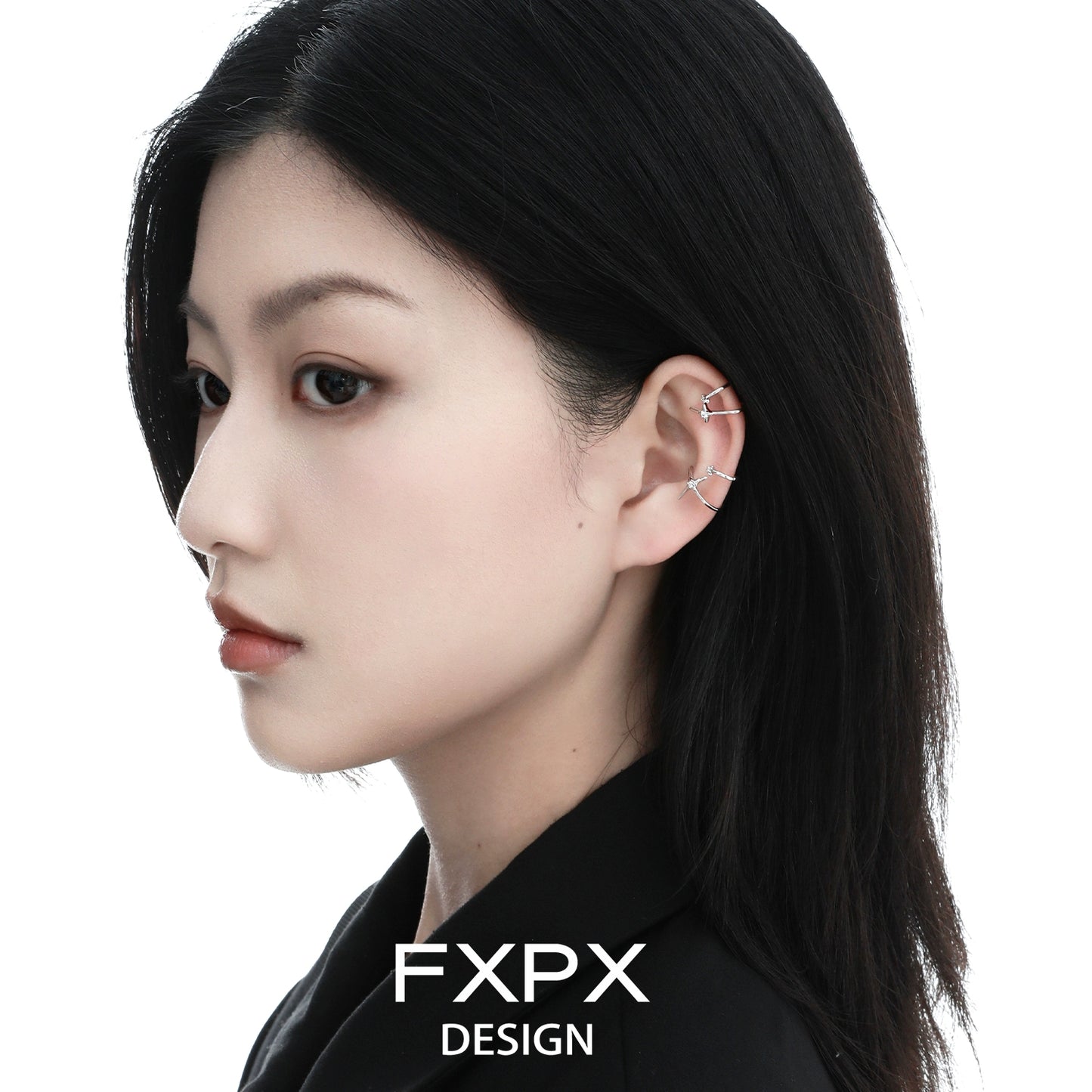 Elegant geometric orbit ear clip from FXPX showcasing a modern design on a model's ear