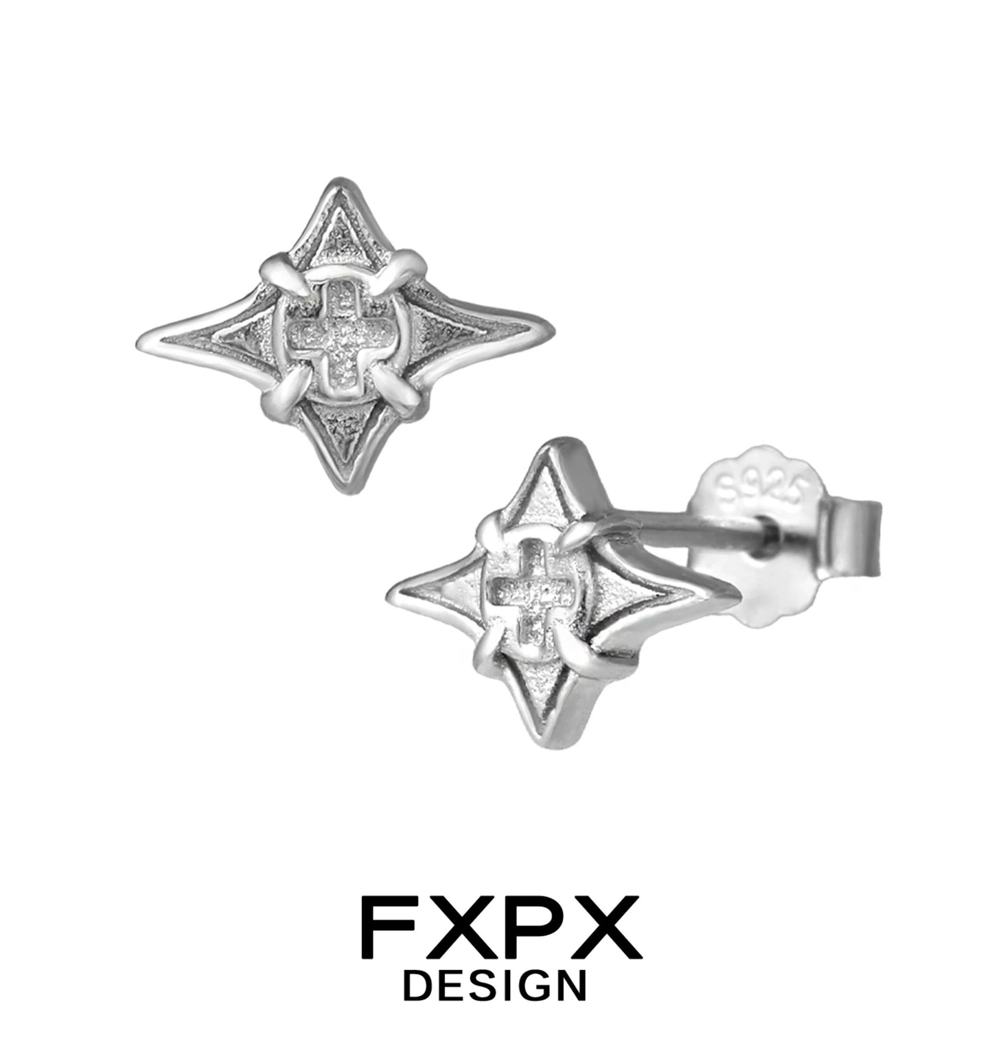 FXPX geometric star cross stud earrings in silver with intricate design and secure backing