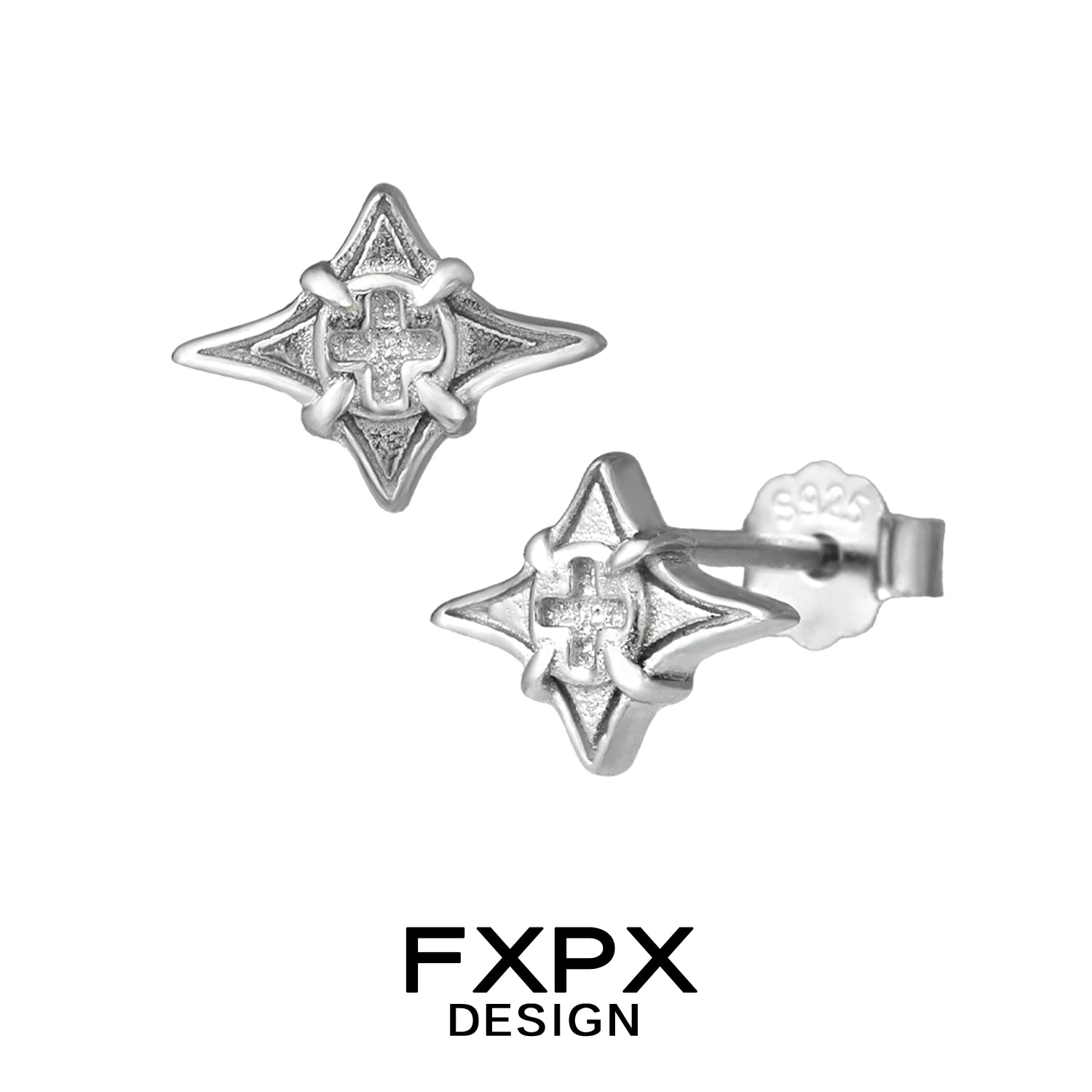 Sterling silver geometric star cross stud earrings from FXPX with intricate design and polished finish