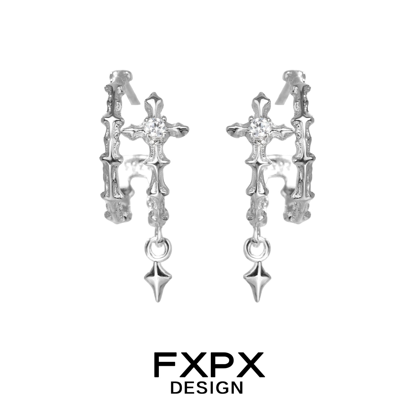Modern FXPX geometry silver earrings with intricate design and dangling accents