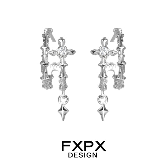 Modern FXPX geometry silver earrings with intricate design and dangling accents