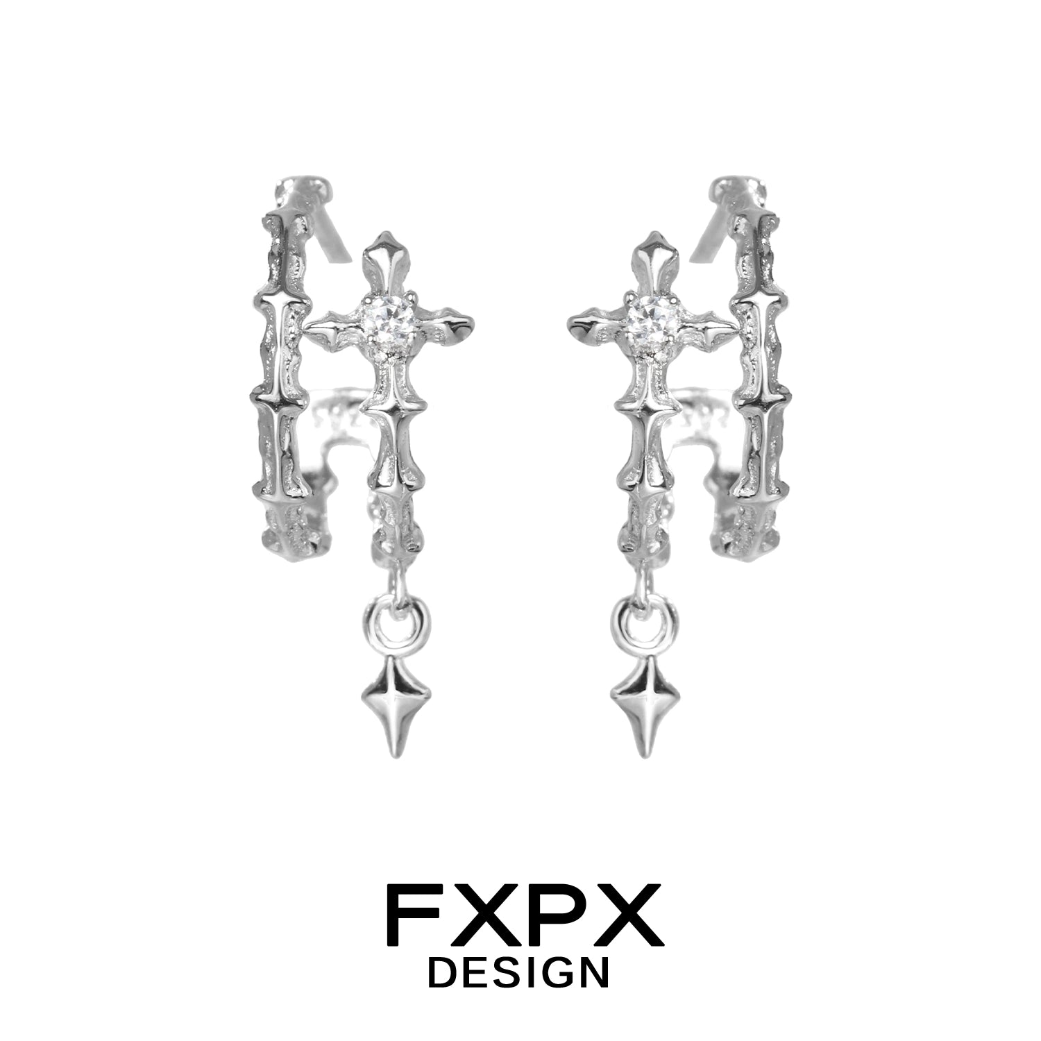 FXPX geometry silver earrings featuring a unique geometric design with intricate detailing