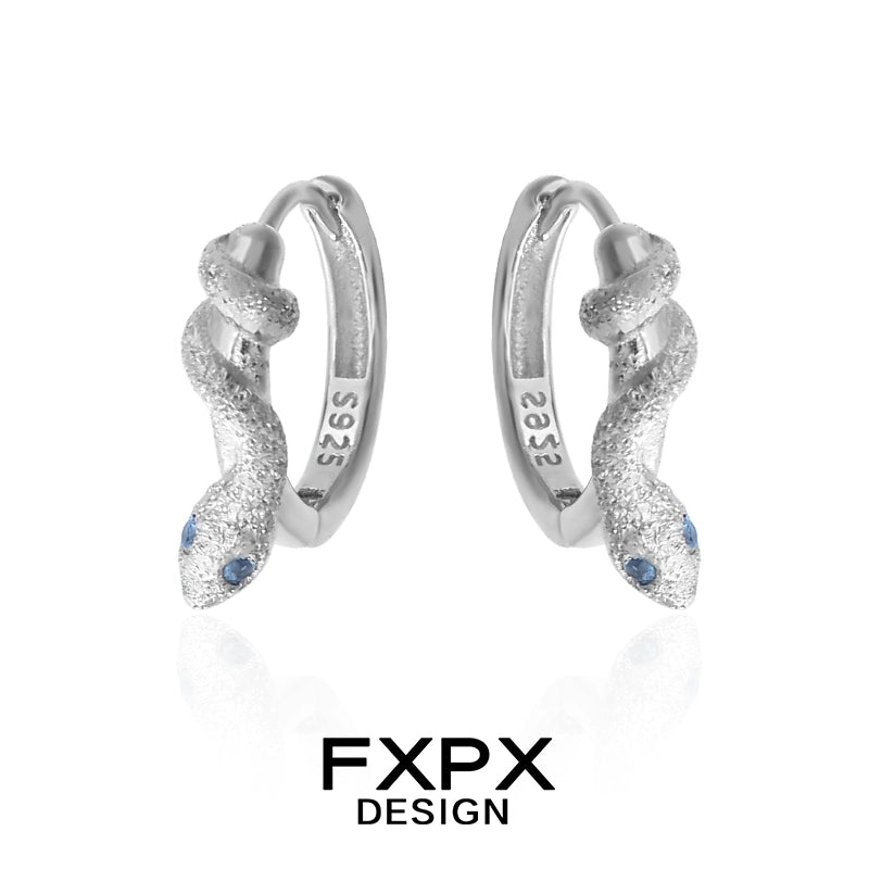 FXPX Glacier Blue Snake Earrings in Silver with Sparkling Design and Blue Accents