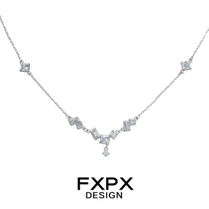 FXPX Glacier Shine Silver Necklace with Elegant Diamond-Shaped Crystals and Classic Design