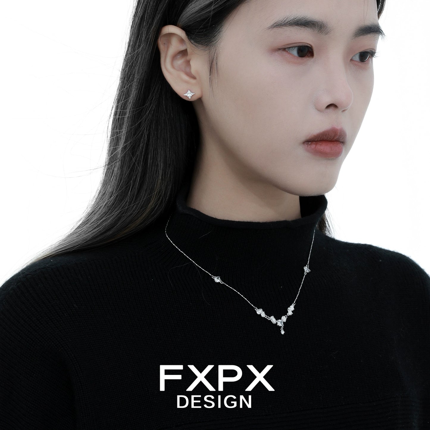 Model showcasing FXPX glacier shine silver necklace with elegant design and matching earrings